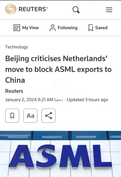 #ShannonBrandao, #ChinaBoss: Semiconductor Equipment Maker #ASML Has Wings Clipped By Dutch Government: Will No Longer Export It's Lithography Chip Systems, Which Use Lasers To Help Create Chip Circuitry